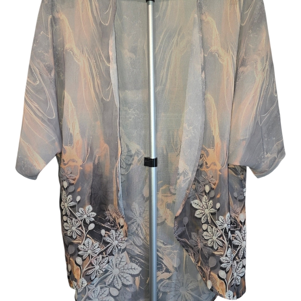 Women's Floral Sheer Kimono - Gray & Peach